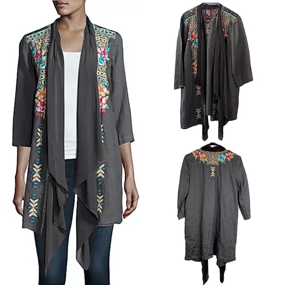 Johnny Was JWLA Gray Embroidered 100% Linen Kimono Jacket Size Medium - Picture 16 of 16